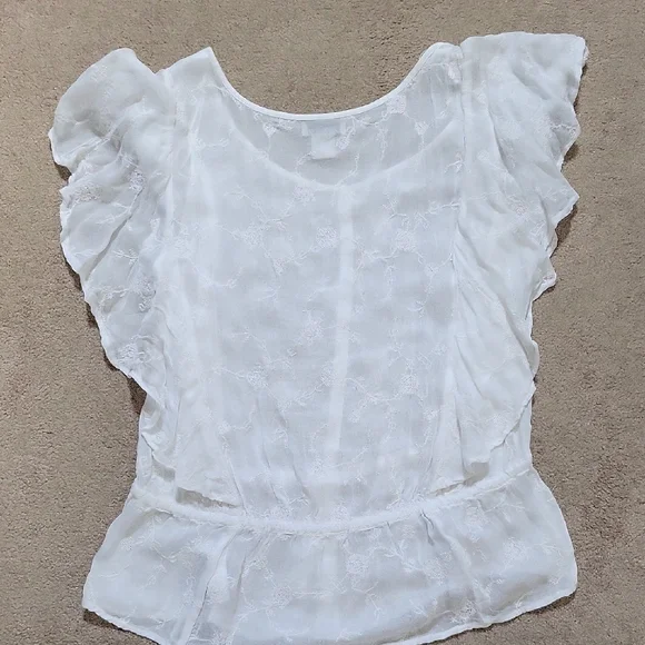 Lucky Brand Cream Lace Blouse with Flutter Sleeves Delicate Embroidery - Picture 2 of 8